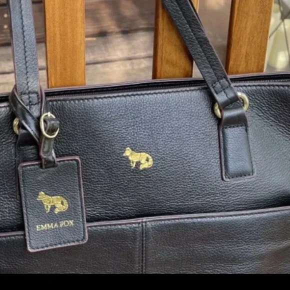 Emma Fox Park Avenue Black Leather Tote Laptop Work Bag Overnight Handbag - Picture 6 of 6